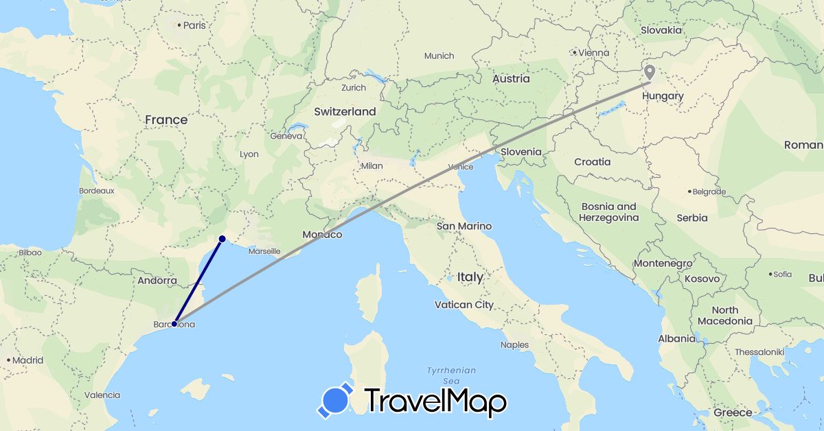 TravelMap itinerary: driving, plane in Spain, France, Hungary (Europe)